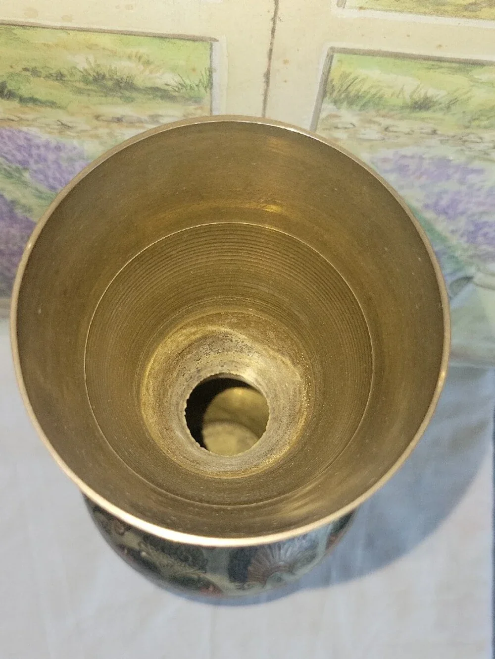 Vintage Penco Industries Brass Vase Enameled Etched Floral India Boho 1970s 14.5